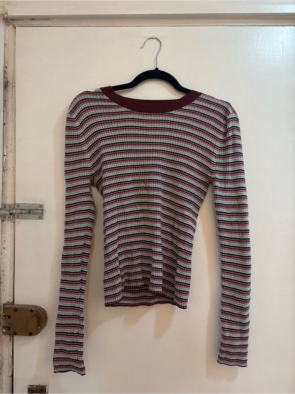 American Eagle Striped Long-Sleeve Ribbed Knit Top Multicolor